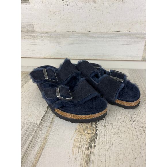 Birkenstock womens 6.5 Arizona midnight blue suede leather shearling sandals - Picture 2 of 8